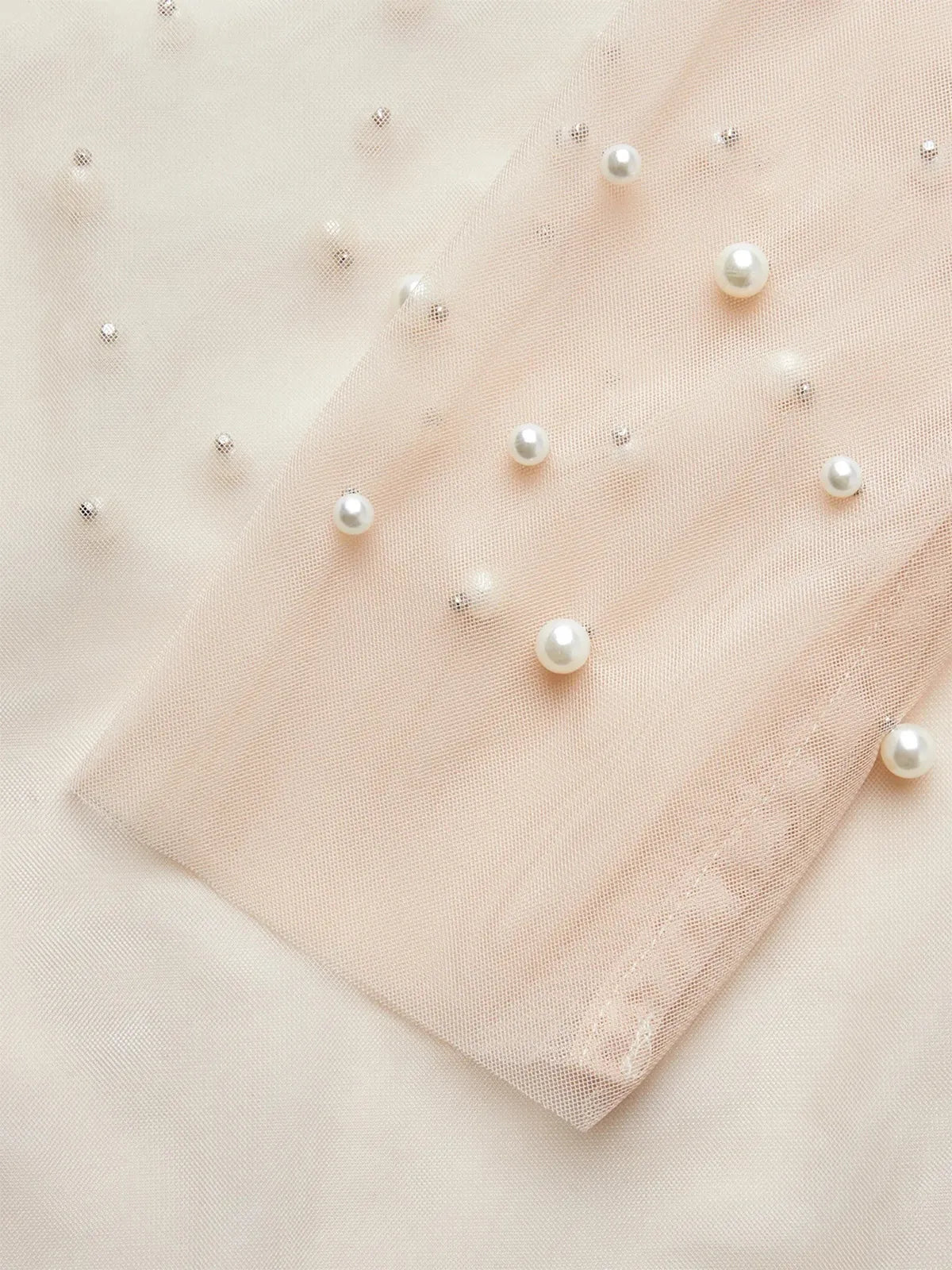 Women White Mesh Imitation Pearls Strapless Wide-Leg Jumpsuit