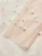 Women White Mesh Imitation Pearls Strapless Wide-Leg Jumpsuit