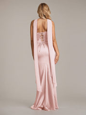 Pink Sheath/Column Satin Off The Shoulder Sleeveless Floor Length Dress