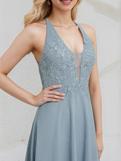 Dusty Blue Chiffon A Line V Neck Sleeveless Floor Length Bridesmaid Dress With Appliques