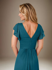 A Line Chiffon V Neck Short Sleeves Floor Length Mother of the Bride Dresses With Ruffles