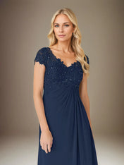 A Line Chiffon V Neck Short Sleeves Floor Length Pleated Mother of the Bride Dresses With Sequins