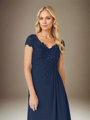A Line Chiffon V Neck Short Sleeves Floor Length Pleated Mother of the Bride Dresses With Sequins