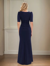 Trumpet/Mermaid Scoop Neck Short Sleeve Floor Length Stretch Crepe Mother of the Bride Dress With Ruffles