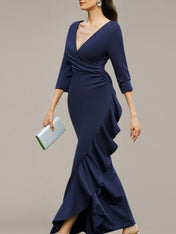 Navy Sheath/Column Stretch Crepe V Neck 3/4 Sleeves Asymmetrical Dresses