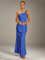Cobalt Blue Satin Sheath/Column One shoulder Ankle Length Bridesmaid Dresses