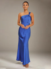 Cobalt Blue Satin Sheath/Column One shoulder Ankle Length Bridesmaid Dresses