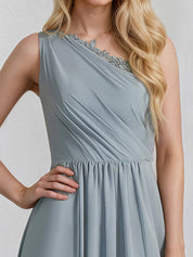 A-Line One Shoulder Floor-Length Lace Chiffon Bridesmaid Dress With Sequins