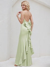 Celadon Satin Spaghetti Straps Sleeveless Floor Length Bridesmaid Dress With Bow