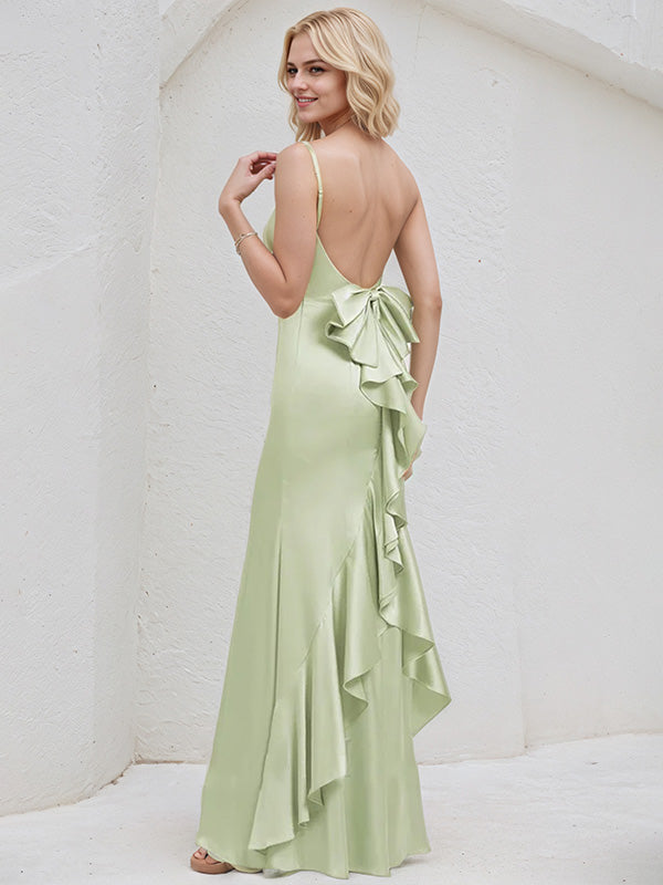 Celadon Satin Spaghetti Straps Sleeveless Floor Length Bridesmaid Dress With Bow