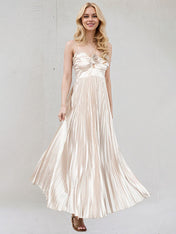Champagne A Line Satin Spaghetti Straps Sleeveless Floor Length Dress With 3D Flower