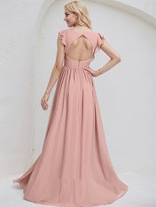 Dusty Rose Chiffon A Line V Neck Sleeveless Floor Length Bridesmaid Dress With Ruffle
