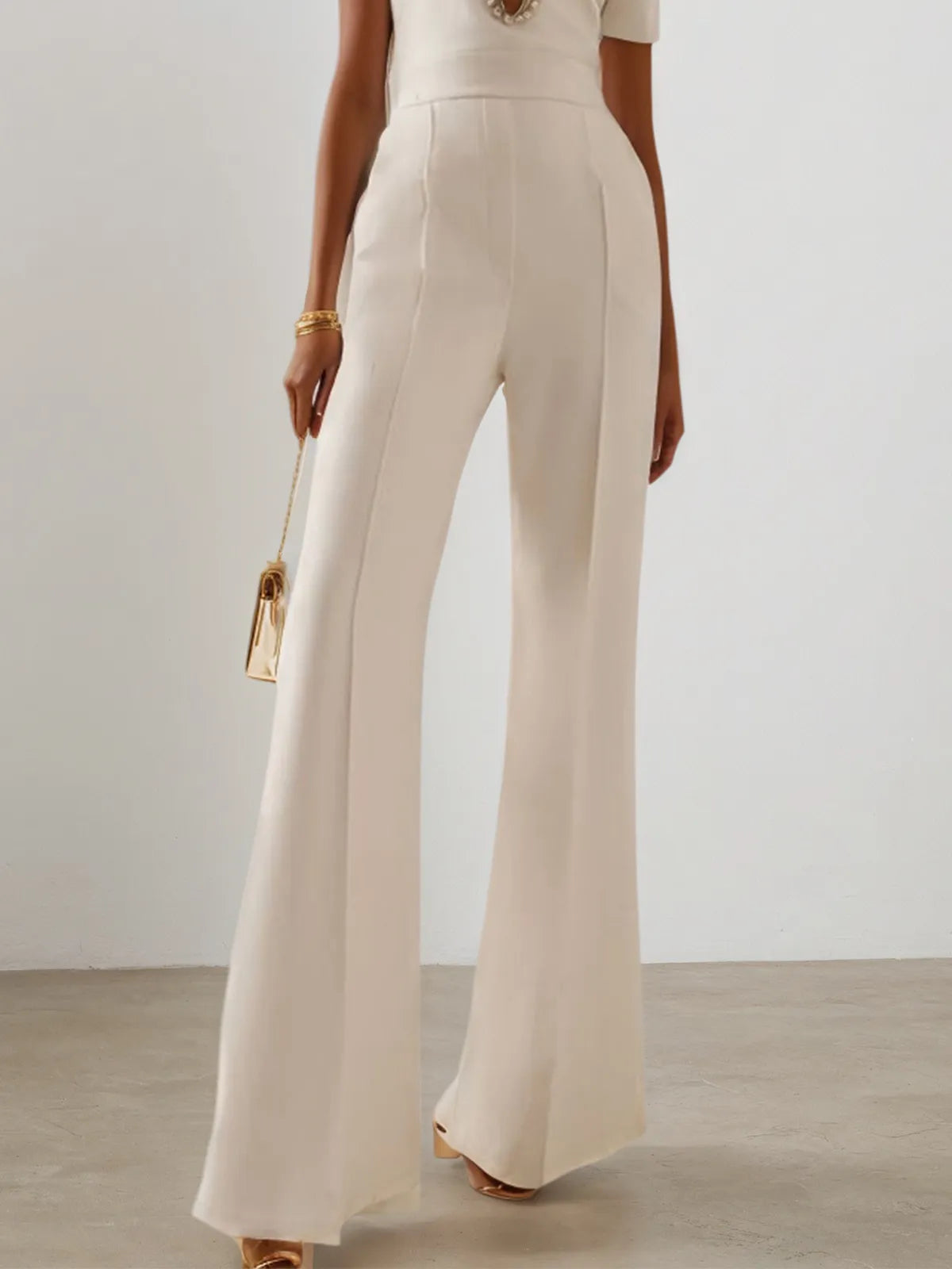 Women White Cut Out Short Sleeve Rheinstone Wide-Leg Jumpsuit