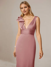 Dusty Rose Satin Sheath/Column V Neck Sleeveless Floor-Length Bridesmaid Dress With Bow
