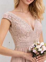 Dusty Rose A-Line V-Neck Floor-Length Lace Chiffon Bridesmaid Dress
