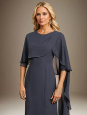 Sheath/Column Scoop Tea Length Chiffon Dress With Pleated Beading