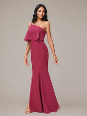 Mulberry Sheath/Column Chiffon One Shoulder Sleeveless Floor-Length Bridesmaid Dresses