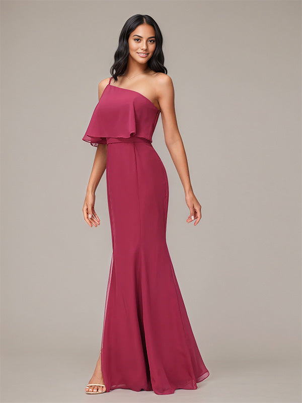 Mulberry Sheath/Column Chiffon One Shoulder Sleeveless Floor-Length Bridesmaid Dresses