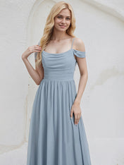 Dusty Blue Chiffon A Line Spaghetti Straps Sleeveless Floor Length Bridesmaid Dress