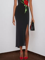 Black Floral Embroidered V Neck Sleeveless Slit Sheath Midi Dress