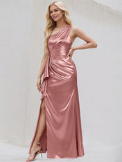 Desert Rose Satin A Line One Shoulder Floor Length Bridesmaid Dress With Ruffle