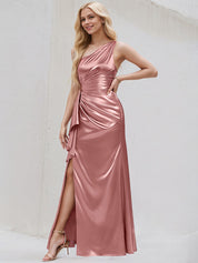 Desert Rose Satin A Line One Shoulder Floor Length Bridesmaid Dress With Ruffle