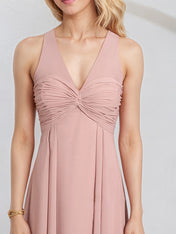 Dusty Rose Chiffon A Line V Neck Sleeveless Asymmetrical Bridesmaid Dress