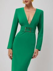 Green Deep V Neck Long Sleeve Sheath Maxi Dress