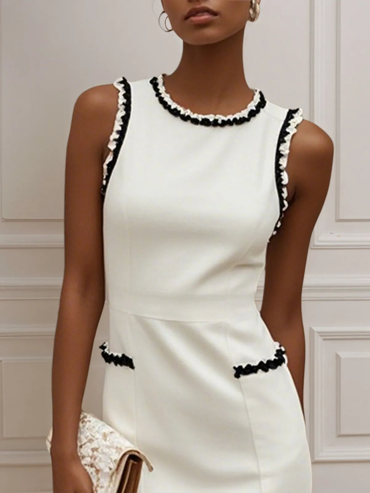 White Lace Classic Crew Neck Sleeveless Balloon Sleeve Sheath Midi Dress
