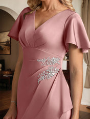 Sheath/Column Satin V Neck Short Sleeves Floor Length Dress