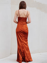 Rust Sheath/Column Satin Spaghetti Straps Sleeveless Floor Length Dress