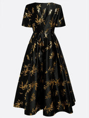 Black Gold Hot Stamping Floral Short Sleeve A-Line Maxi Dress