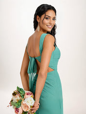 Aqua Blue Sheath/Column Chiffon Square Neck Sleeveless Floor-Length Bridesmaid Dresses