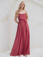 Cinnamon Rose Chiffon A Line Spaghetti Straps Sleeveless Floor Length Bridesmaid Dress
