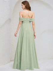 Celadon Chiffon A Line Off the Shoulder Sleeveless Floor Length Pleated Bridesmaid Dress