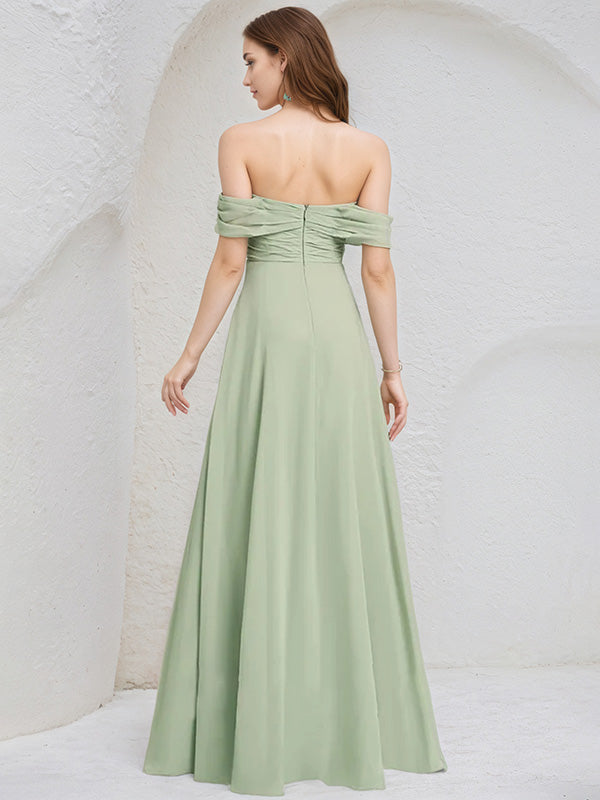 Celadon Chiffon A Line Off the Shoulder Sleeveless Floor Length Pleated Bridesmaid Dress