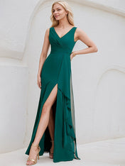 Peacock Chiffon A Line V Neck Sleeveless Floor Length Bridesmaid Dress With Ruffle