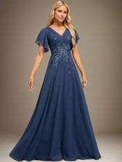 A Line V Neck Floor Length Lace Chiffon Evening Dress With Pleated Sequins