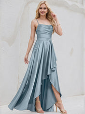 Dusty Blue Satin A Line Spaghetti Straps Sleeveless Asymmetrical Bridesmaid Dress