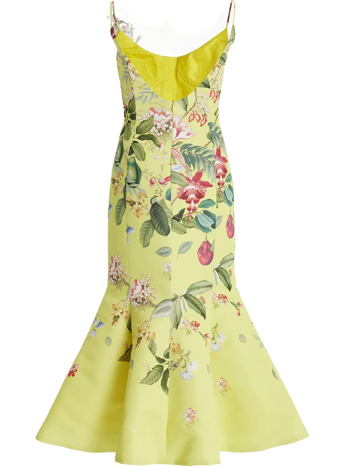 Yellow Floral Applique Spaghetti Mermaid Midi Dress