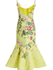 Yellow Floral Applique Spaghetti Mermaid Midi Dress