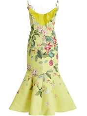 Yellow Floral Applique Spaghetti Mermaid Midi Dress
