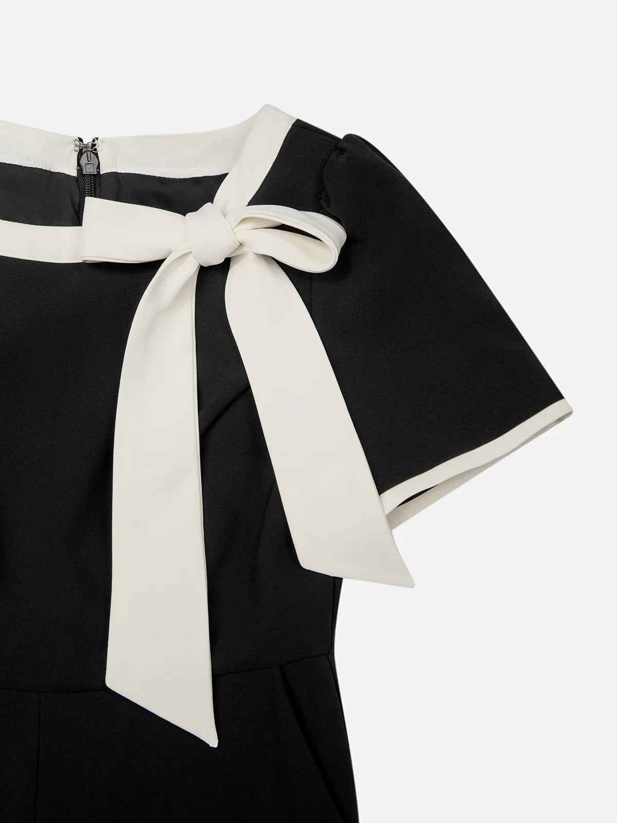 Women Black Bow Boat Neck Short Sleeve Dressy Jumpsuit