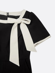 Women Black Bow Boat Neck Short Sleeve Dressy Jumpsuit