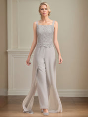 Chiffon Square Neck Sleeveless Floor Length Pleated Mother of the Bride Pantsuits