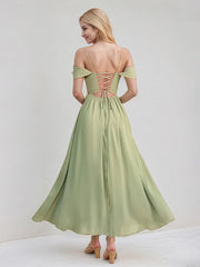 Green Chiffon A Line Spaghetti Straps Sleeveless Ankle Length Bridesmaid Dress
