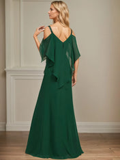 Sheath/Column Cold Shoulder V-Neck Floor-Length Chiffon Dress With Cascading Ruffles Sequins Beading