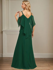 Sheath/Column Cold Shoulder V-Neck Floor-Length Chiffon Dress With Cascading Ruffles Sequins Beading