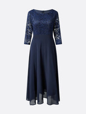 Purplish blue Lace Chiffon Crew Neck Half Sleeve A-Line Midi Dress