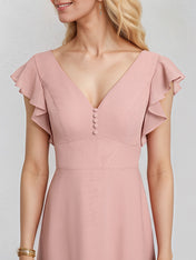 Dusty Rose Chiffon A Line V Neck Floor Length Bridesmaid Dress With Ruffles